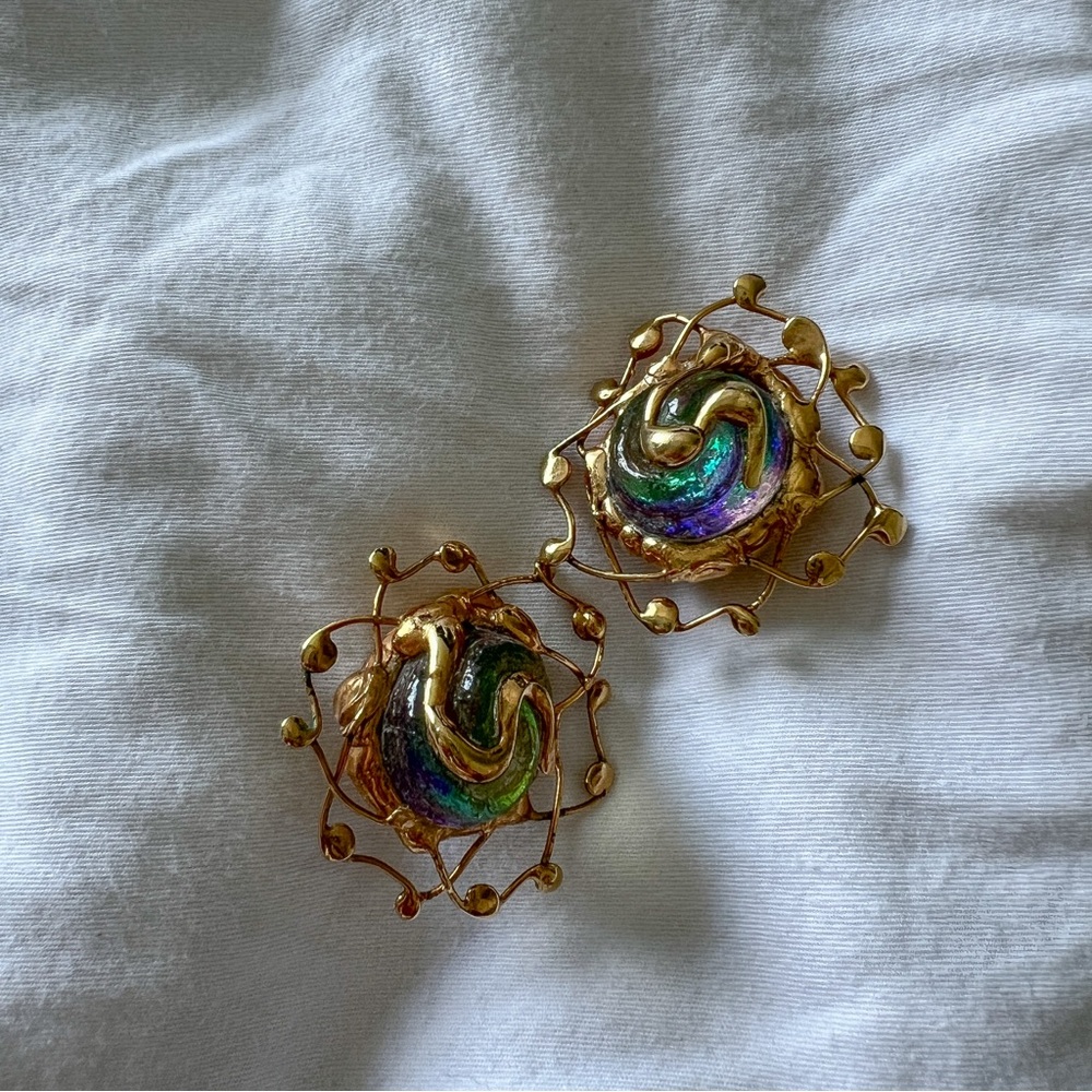 Statement Abstract Gold and Multicolor Stone Vintage Earrings